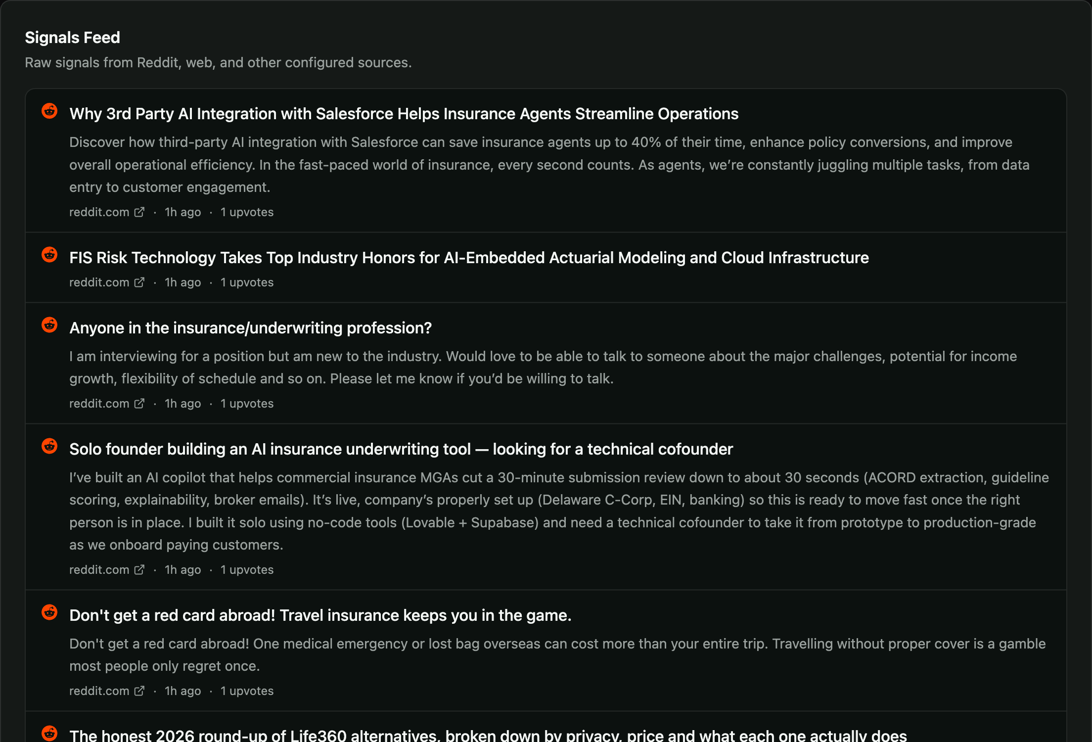 Signals Feed — the raw reliable signals from Reddit and web sources that the insights are grounded in